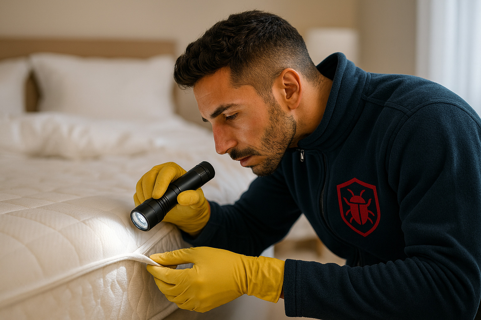 Technicien professionnel en tenue de protection inspectant une chambre pour détecter les punaises de lit