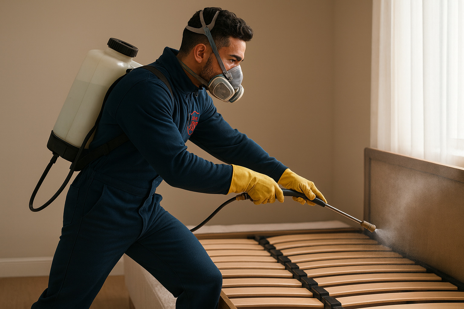 Technicien appliquant le traitement anti-punaises sur le matelas